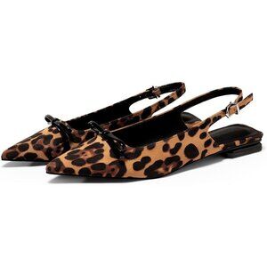 Women's Leopard Slingback Flats Bow Slip on Dress Shoes Buckle Comfortable Shoes